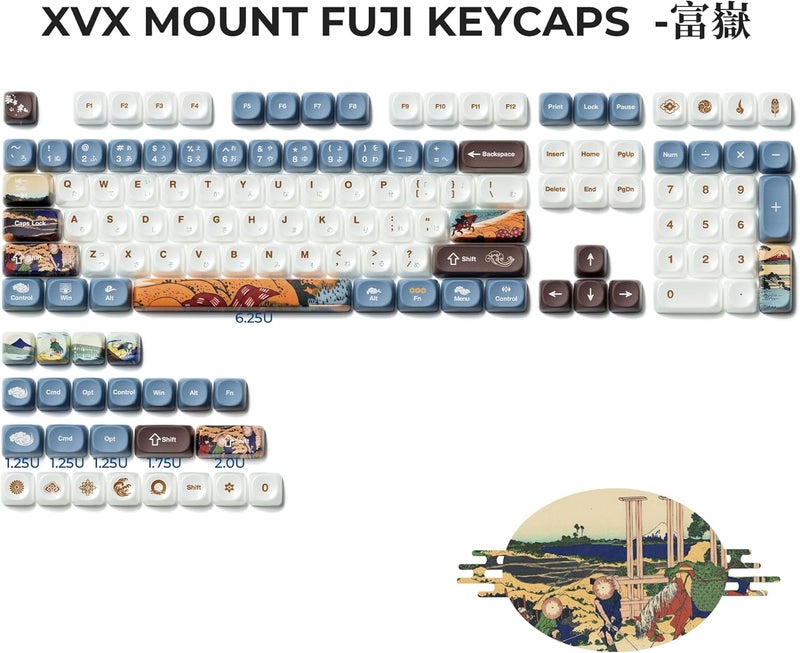 OHY XVX MOA Profile Keycaps Set, Japanese Mount FujiTheme 132 - Key White & Blue Custom Keycaps with PBT + Frosted Translucent PC Material for ANSI Layout Mechanical Keyboards- - Musashi Senju - Image 4